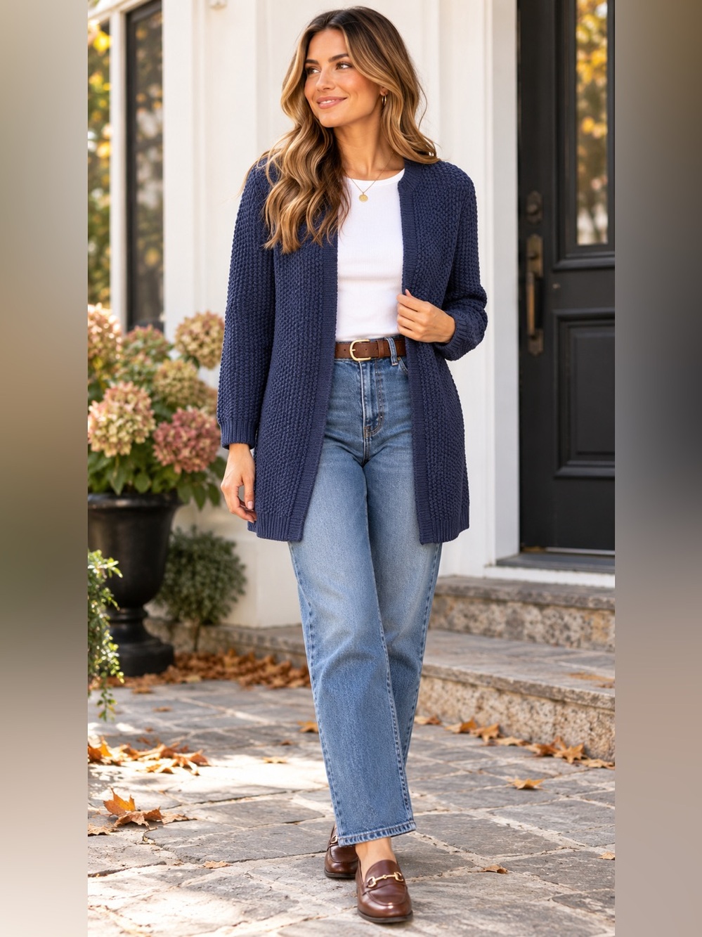 Ann Taylor Factory XS Navy Textured Knit Long Open Front Cardigan Cotton